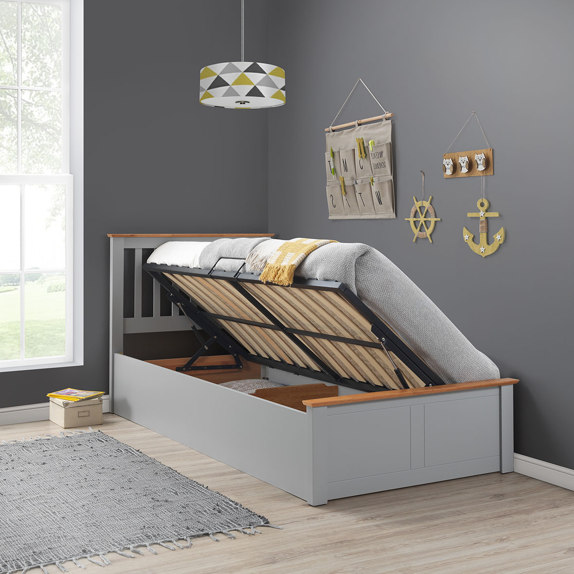 Francis Grey Wooden Single Ottoman Bed
